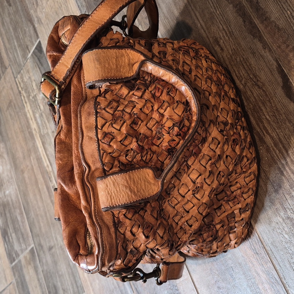 Langellotti Woven Leather Floral Detail Zip Closure Satchel Crossbody Hobo Bag - Picture 3 of 16